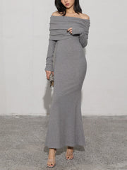 Charcoal Off Shoulder Overfold Modern Long Sleeve Long Dress