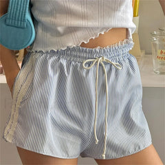 Vintage Kawaii Ruffles Lace Trim Striped Short