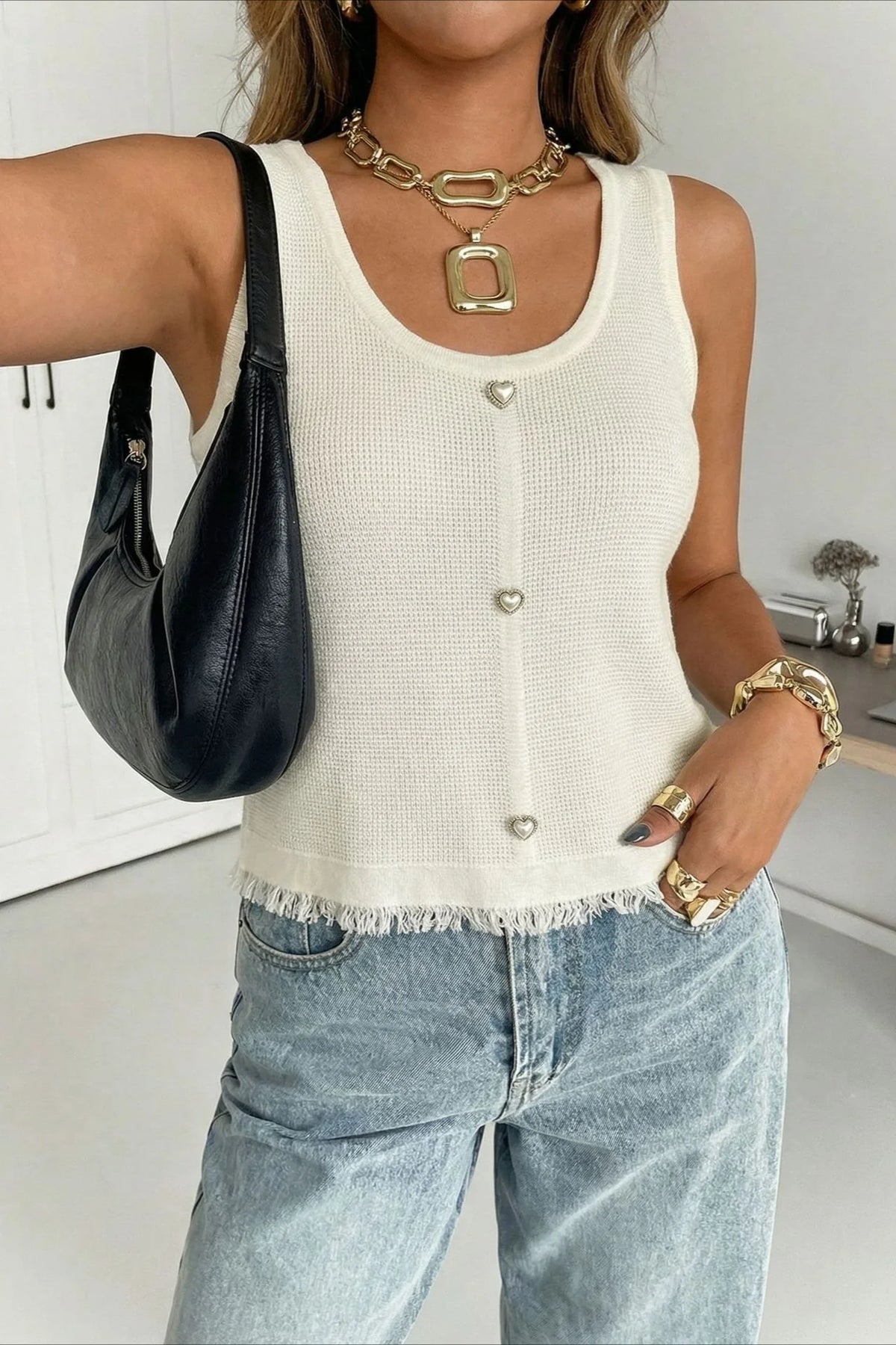 White Waffle Knit Raw Edge Cropped Tank Top