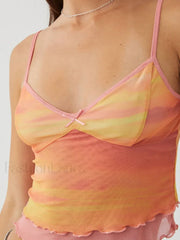 Mesh Graphic Bow Ruffle Crop Top