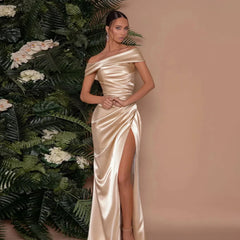 Mercerized One Shoulder Split Hem Maxi Dress