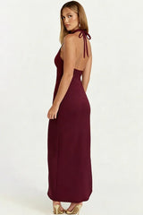 Halter Lace-Up Slit Backless Deep V Maxi Dress