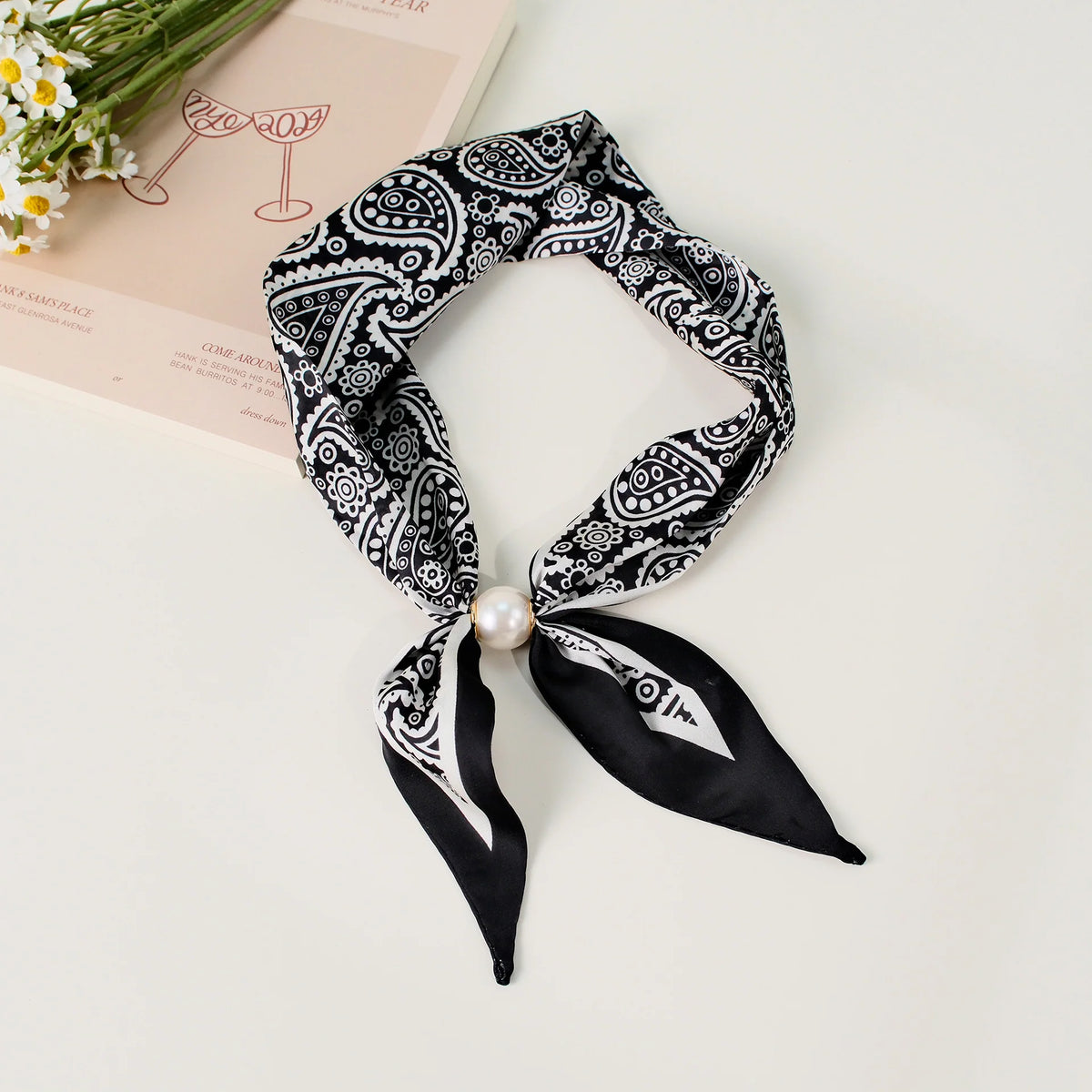 Pearl Magnetic Buckle Paisley Print Neck Ribbon Scarf