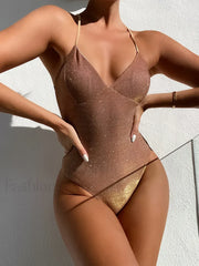 Glitter Sparkling V Neck High Cut One Piece