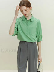 Half Sleeve Polo Neck Pocket Blouse