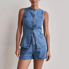 Summer Button Denim Tank Top Elastic Shorts Two Piece Set
