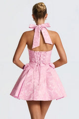Sexy Halter V Neck Jacquard Mini Dress