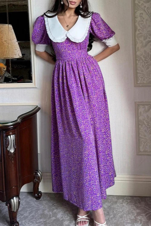 Doll Collar Short Sleeve Tie Waist Maxi Floral Dress