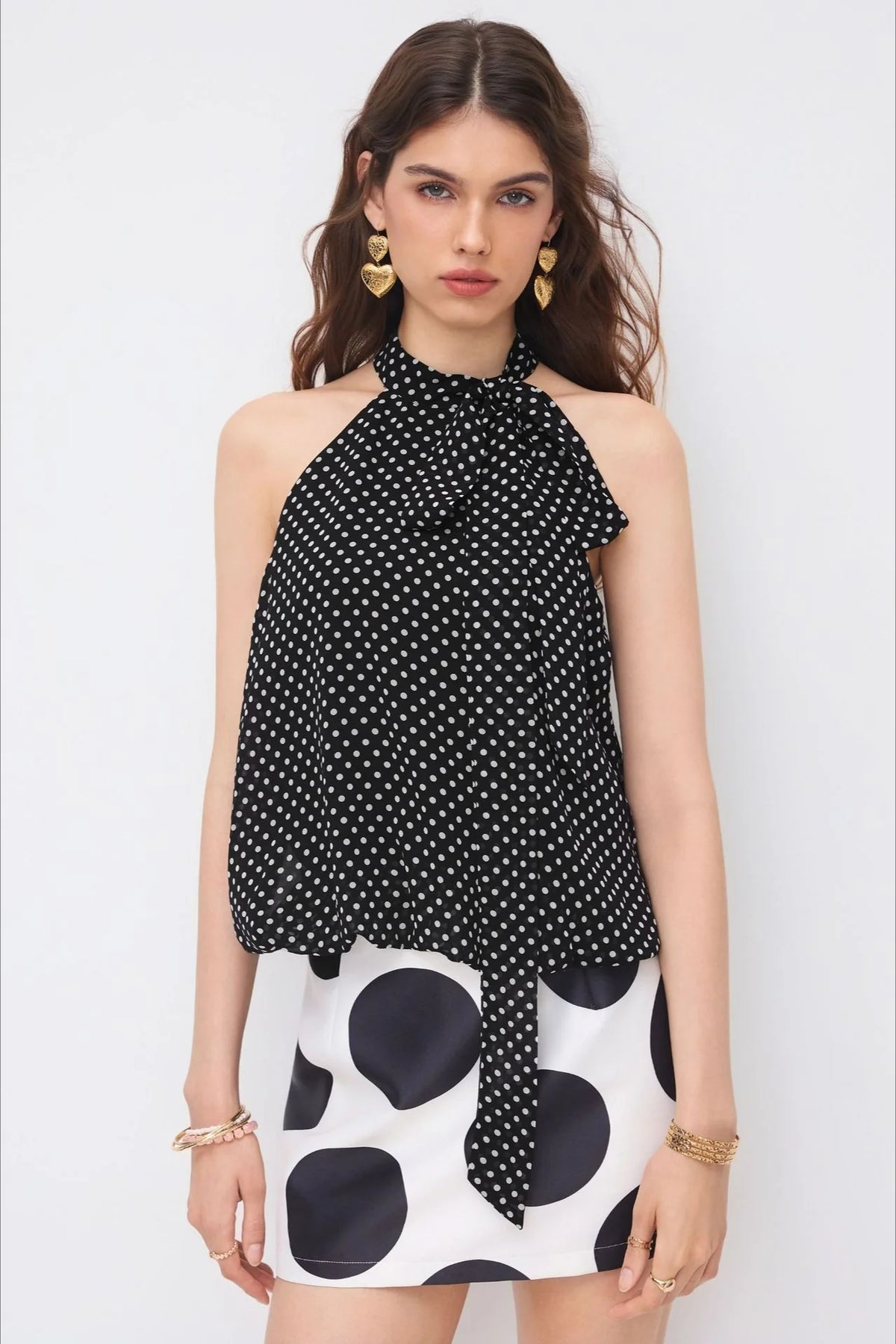 Black Polka Dot Draped Tie Halter Top