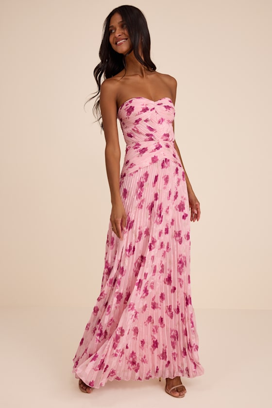 Elkay Light Pink Floral Pleated Drop Waist Maxi Dress