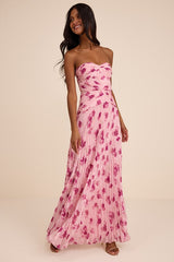 Elkay Light Pink Floral Pleated Drop Waist Maxi Dress