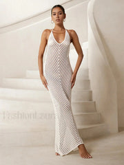 White Knitted See-through V Neck Backless Cover-ups