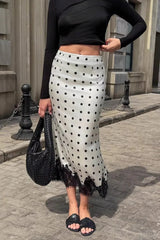 Satin Polka Dot Lace Bodycon Midi Skirt