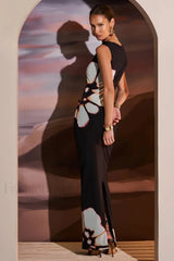 Vintage Floral Sleeveless Cutout Bodycon Maxi Dress