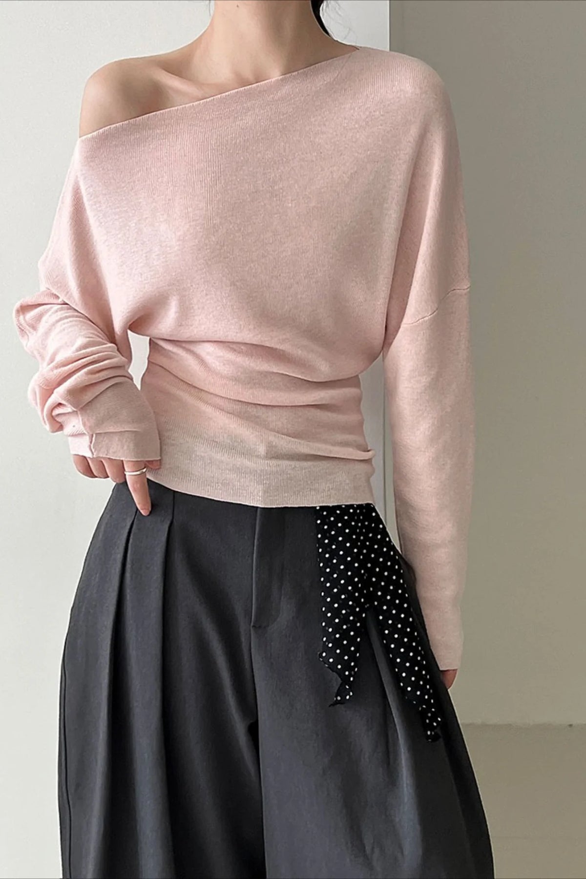 Waist Defining Asymmetric Shoulder Knit Top