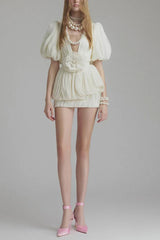 High Waist Ruched 3D Floral Mini Dress