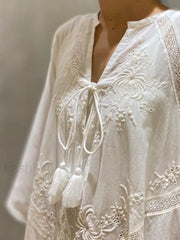Linen Lace-Up White Boho Dress