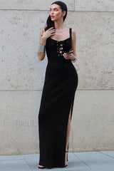 French Style V-Neck Strappy High Split Waist-Wrap Maxi Dress