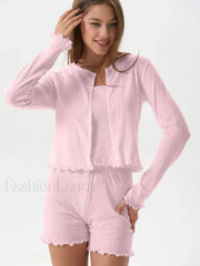 Casual Long Sleeve Robe Shorts Two Piece Set