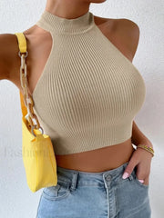 Knit Sleeveless Ribbed Halter Crop Top