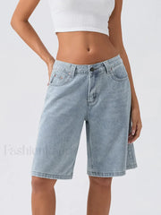 Knee Length Denim Low Rise Wide Leg Casual Streetwear Short