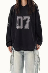 V Neck Graphic Print Oversized Raglan Long Sleeve Tee