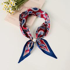 Pearl Magnetic Buckle Paisley Print Neck Ribbon Scarf