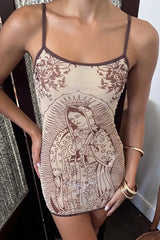 Vintage Sacred Portrait Style Graphic Slip Mini Dress