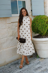 Ruffle Neck Midi Dress-Brown Polka Dot