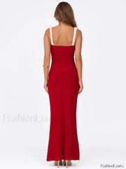 Flower Decor Red Spaghetti Maxi Dress