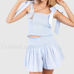 Shirred Tie Shoulder Crop Cami Elastic Waist Shorts Two Piece Set