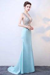 Sheer Blue Deep V Neck Maxi Party Dress