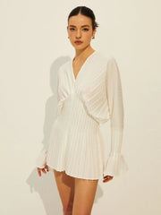 Pleated V-Neck Long Sleeve Dress