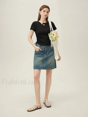 Hollow Out Slim Drawstring Black T-Shirt