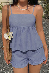 Blue White Plaid Spaghetti Strap Shorts Set