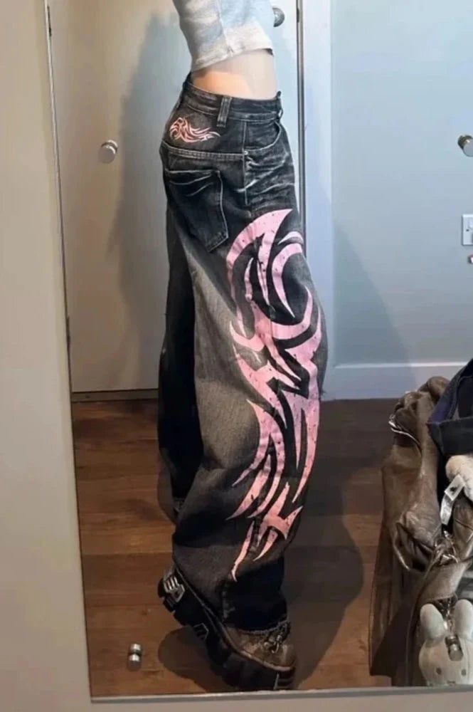 Gothic Print Wide-Leg Jeans