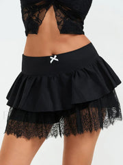 Goth Black Bow Trim A-line Skirt