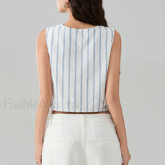 Kawaii Tie Knot Front Striped V-Neck Sleeveless Bandage Crop Top