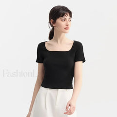 Slim Elegant Square Collar Cotton T-Shirt