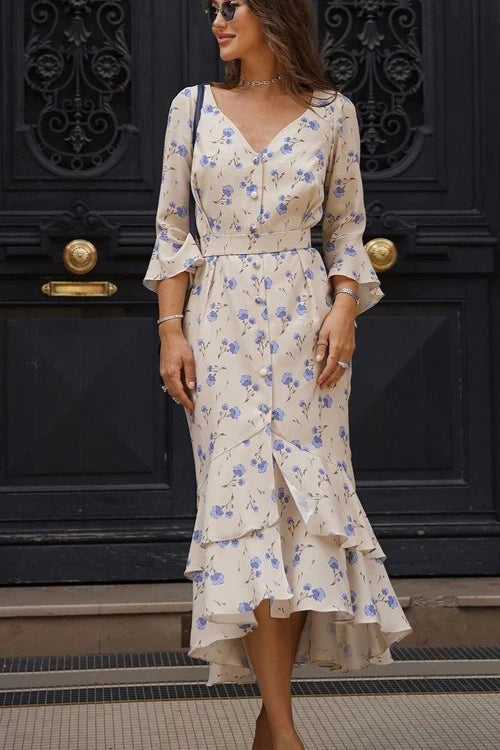 Asymmetric V Neck Flare Sleeve Floral Dress