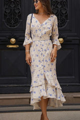 Asymmetric V Neck Flare Sleeve Floral Dress