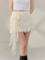 Bow Lace Ruffle Layered Mini Skirt