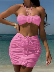 3D Flower Brazilian Skirt Three Piece Set