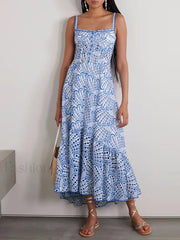 Hollow-Out Square Collar Floral Dress