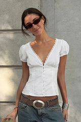 Lace Paneled V Neck Puff Short Sleeve Blouse