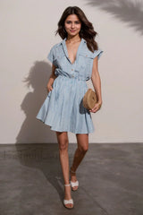 Blue Striped Collared Short Sleeve Bodycon Work Dress