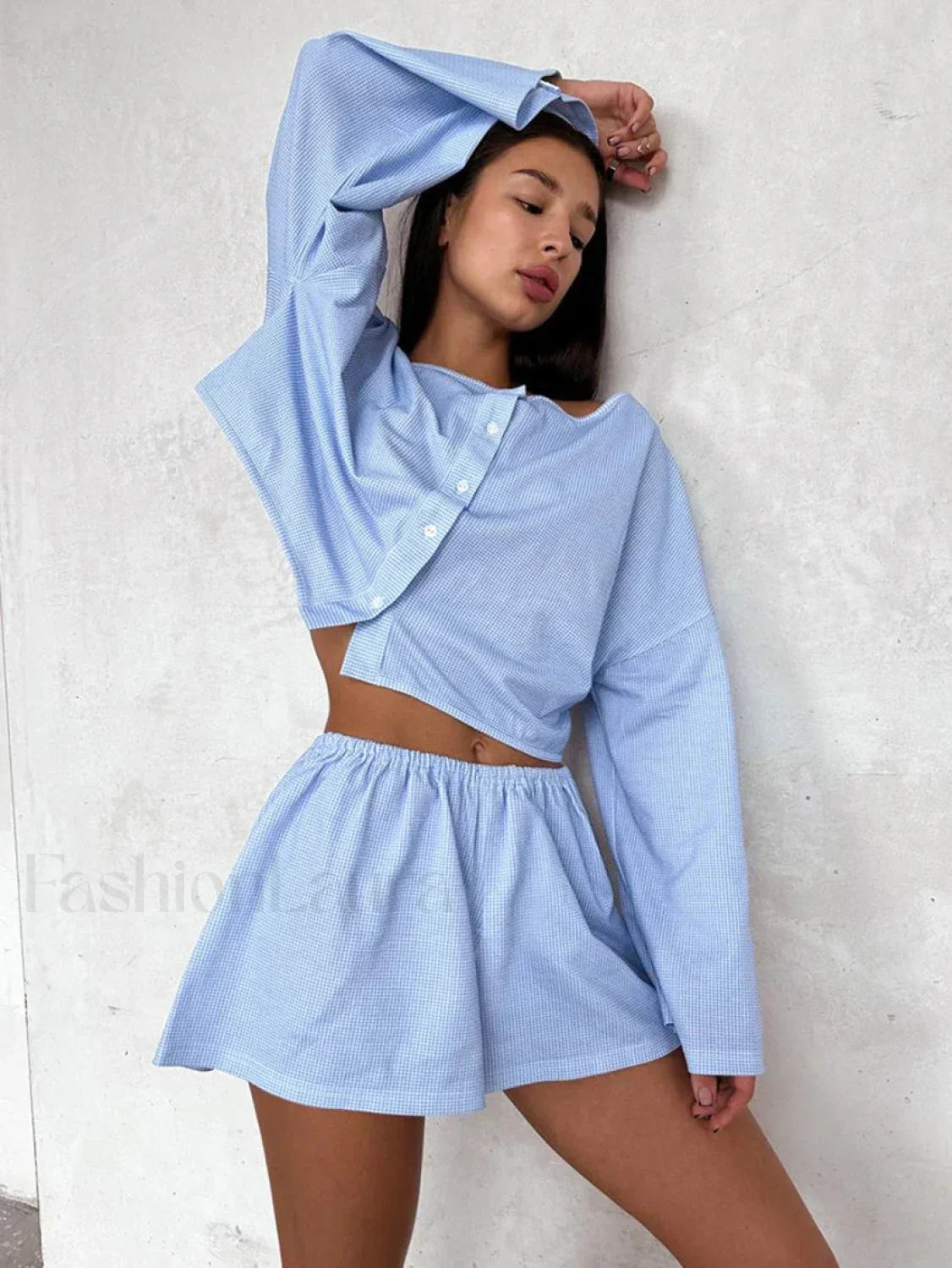 Plaid O-Neck Long Sleeve Shorts Two Piece Set