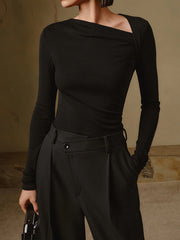 Ribbed Knit Long Trendy Sleeve Asymmetric Shirt