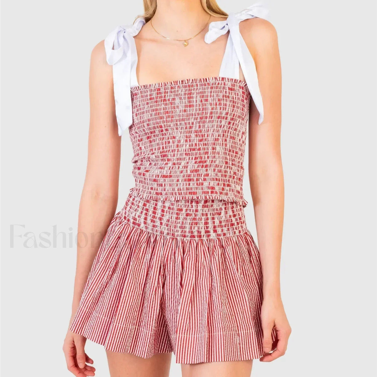 Shirred Tie Shoulder Crop Cami Elastic Waist Shorts Two Piece Set