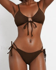 Solid Strapped Hollow Tied High Cut Bikini Set